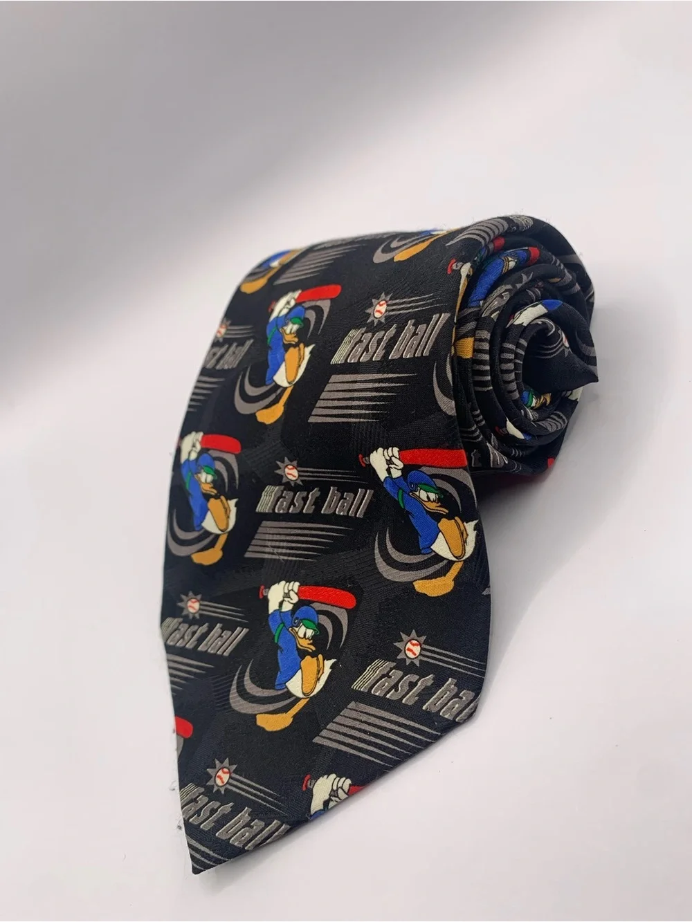 Donald Duck Black Novelty 'Fast Ball' Graphic Baseball Tie Disney Rare
